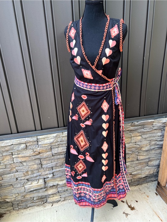 Never Fully Dressed Dresses & Skirts - Never Fully Dressed Black Wrap Maxi Dress with Coral and Pink Embroidery